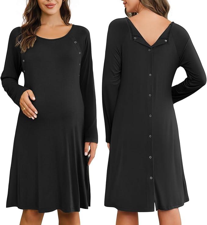 Ekouaer Women Maternity Nightgown Labor Delivery Nursing Gown Hospital Breastfeeding Dress Button Down Long Sleeve Sleepwear, Size Large