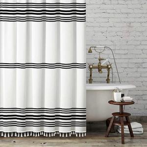 Seasonwood Black and White Shower Curtain with Tassels,Farmhouse Fabric for Bathroom,Heavy Weighted, 72 x 72