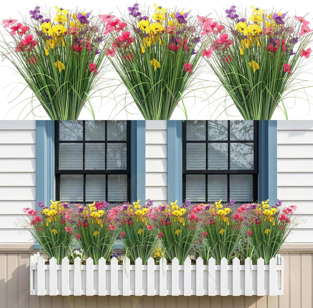12 Bundles Artificial Flowers for Outdoors Fake Silk Flowers UV Resistant No Fade Plastic Flowers for Spring Summer Outside Garden Porch Window Box, Indoor Table Vase Home DecorYellow Rosered Purple (Colorful)