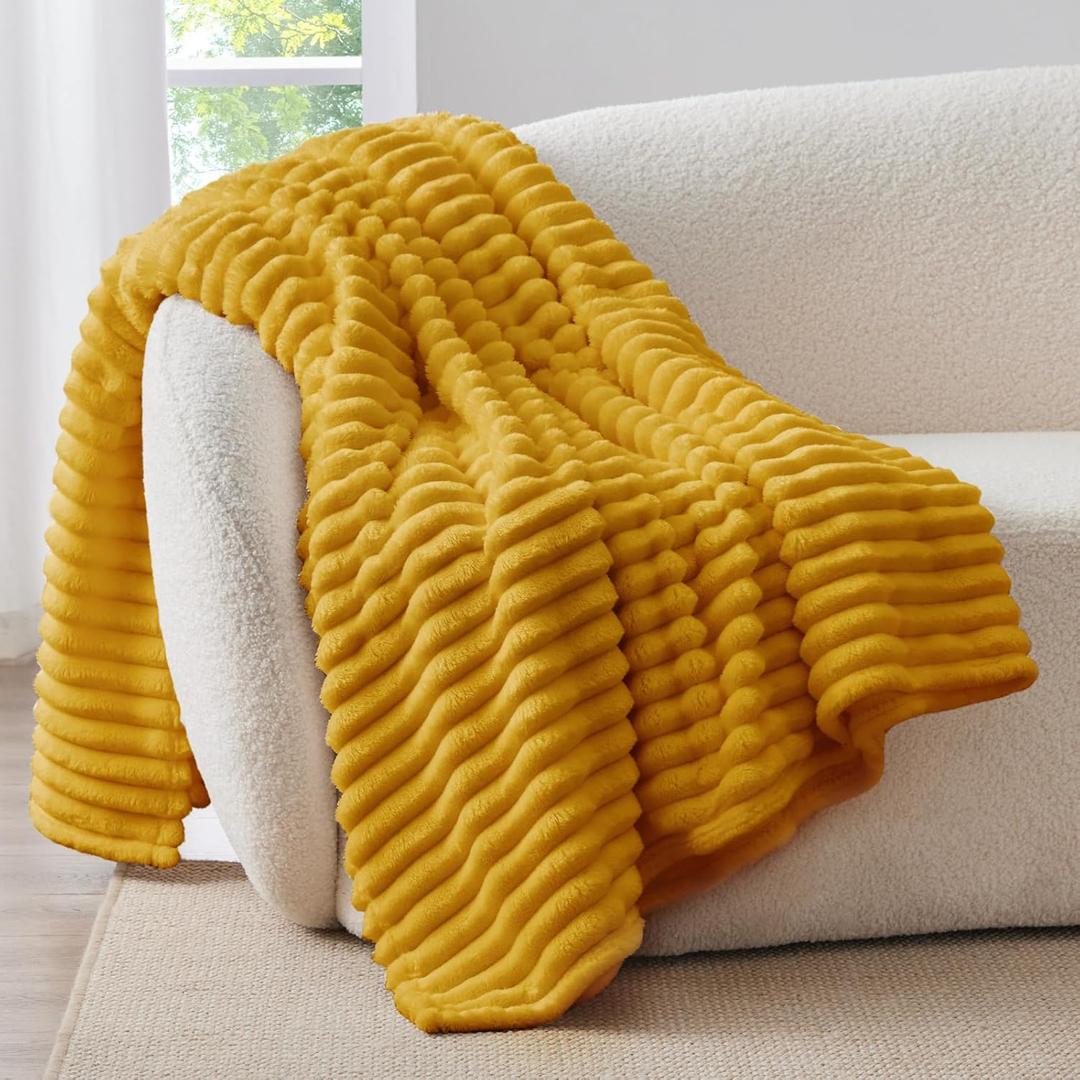 BEDELITE Twin Blanket for Couch & Bed, 300GSM Soft & Warm Fleece Blanket, Decorative and Giftable Striped Mustard Yellow Blankets for Women, Men, 60"x80"