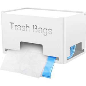 STWWO Large Trash Bag Holder Dispenser, Metal Garbage Bag Dispenser Roll Holder, Kitchen Trash Storage Organizer for Under Sink, Wall Mounted or Countertop, White