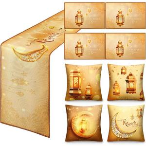 Hosuly 9 Pack Ramadan Party Decorations Set, 1 Pc Eid Mubarak Table Runner 4 Pcs Ramadan Placemat 4 Pcs Pillow Cover Eid al Fitr Table Decor Decoration Star Moon Lantern Decor Set for Home