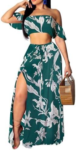 Sexy Two Piece Sets for Women Vacation Elegant Sleeveless Top Long Split Maxi Dress Beach Swimwear, M