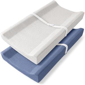 Bearmoss Baby Changing Pad Cover, Muslin [100% Cotton] Diaper Table Covers, 32'' x 16'' Soft Breathable Changing Pad Sheets for Unisex Baby Girls and Boys with Strap Holes (BlueWhite)