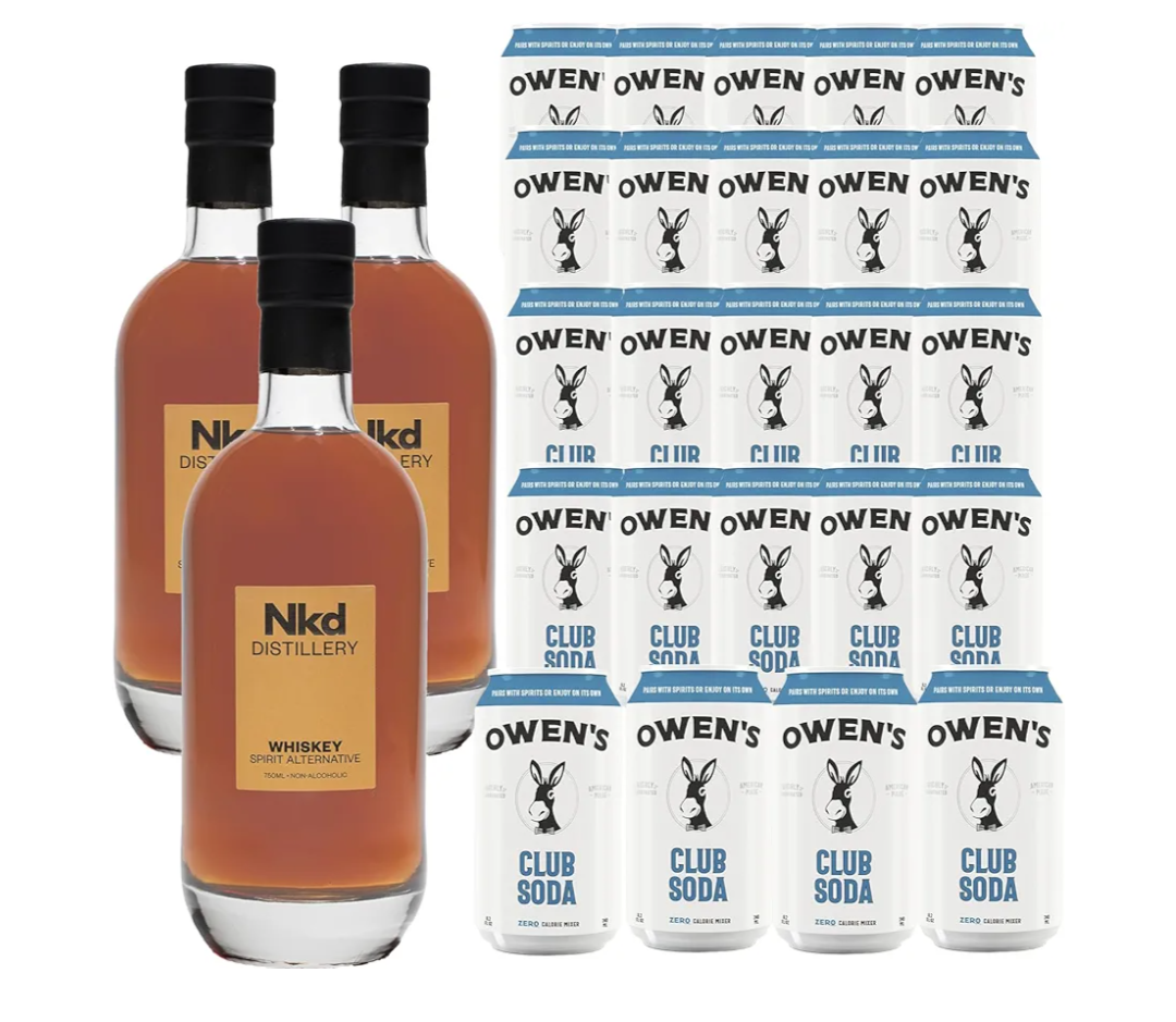 Nkd Distillery Whiskey Alternative Premium Non-Alcoholic Spirit 750 ML Bottles w Owen’s Mixers Club Soda 8.2 OZ Cans - Perfect for Mocktails - Made in USA
