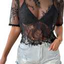 SOLY HUX Women's Sheer Mesh Crop Top Lace Short Sleeve Crew Neck See Through Tshirts Summer Outfits, Size 44