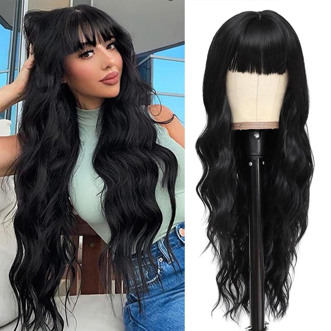 BARSDAR Women's 26'' Long Wavy Wig With Bangs, Synthetic Hair, Black (26 Inch, Natural Black)