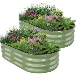 Galvanized Raised Garden Bed - 421ft (2 Packs) Planter Raised Beds for Gardening | Oval Metal Garden Planter Box with Safety Edging and Gloves for Vegetables Fruits and Flower OliveGreen