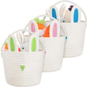 Easter Baskets for Kids Empty 3-piece Set with Handle, Easter Egg Hunt Basket & Candy Storage Tote, 12 x 9 Inch, Reusable Bunny Basket for Kids, Woven Cotton Rope Baskets for Toddlers, Gifting
