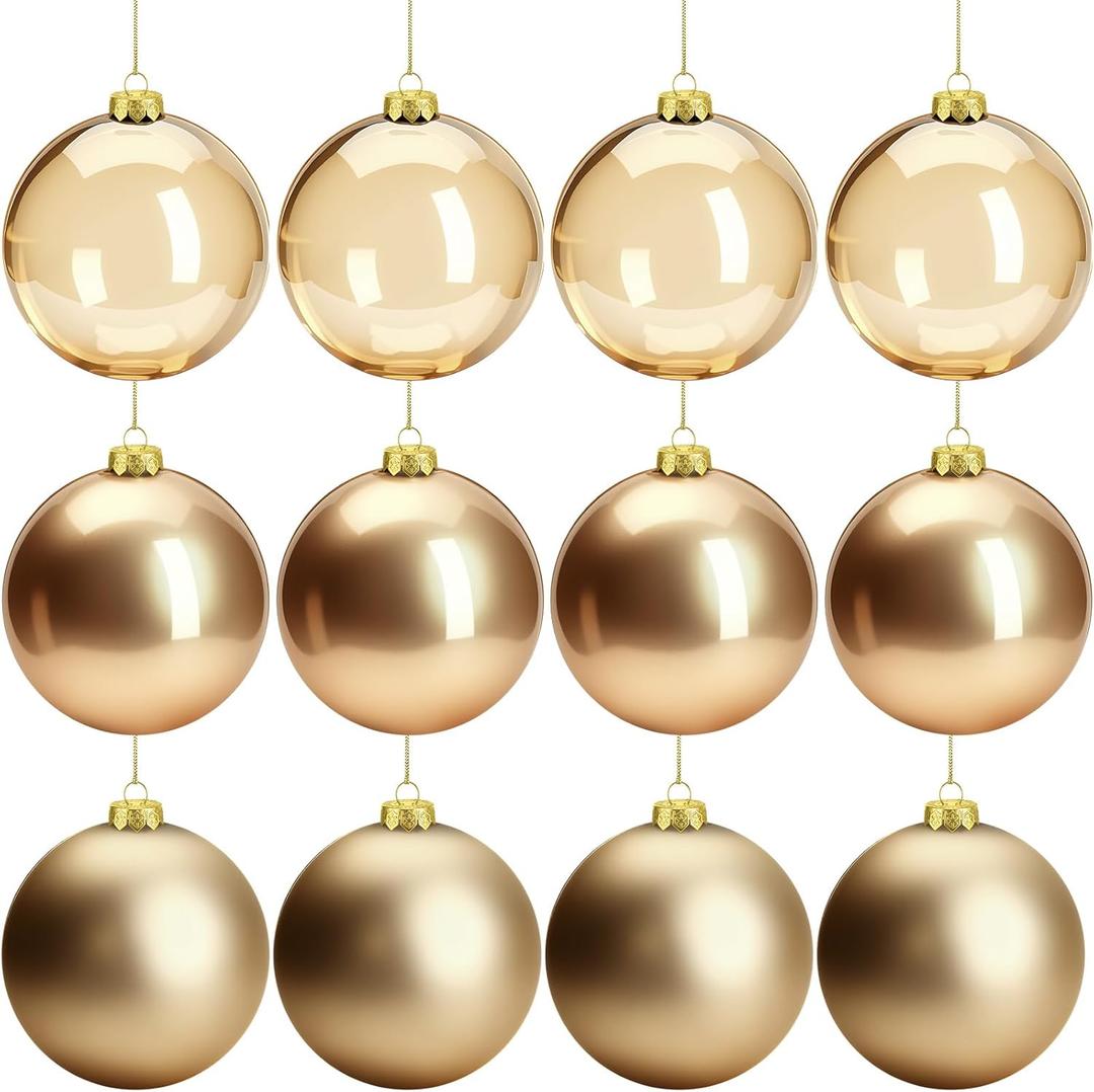 Halloscume 12 Pcs 3.15'' Christmas Ball Ornaments Clear Matte Shiny Hanging Christmas Baubles Plastic Ornament Ball for Xmas Tree Decoration Wedding Holiday Party Gift Home Decor(Champagne)