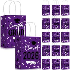 Cholemy 50 Pcs Graduation Gift Bags Bulk Class of 2026 Kraft Paper Bags with Handles Congrats Grad Party Favors for College High School University Decoration, 5.91 x 3.15 x 8.27 Inches(Purple)