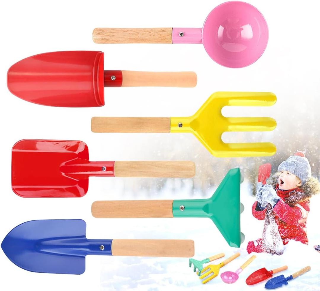 6 Piece Kids Beach Tools,Children Beach Sand Toys, Made of Metal with Sturdy Wooden Handle,Safe Beach Gardening Set,Spoon, Fork, Trowel, Rake & Shovel for Kids