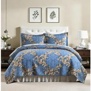 King Quilt Set 100% Cotton Blue Damask Floral Bedspread, Classic European Style Reversible Quilt Bedding Set 3 Pieces, Lightweight All Season, Dark Blue & Brown