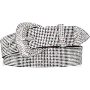WHIPPY Rhinestones Leather Belts for Women Disco Bling Studded Belt for Jeans Pants Western Cowgirl Shiny Waist Belt (Silver, M)