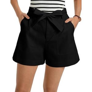 GRACE KARIN Womens Summer Linen Shorts High Waisted Casual Tie Wasit Short Pants with Pockets, L, Black