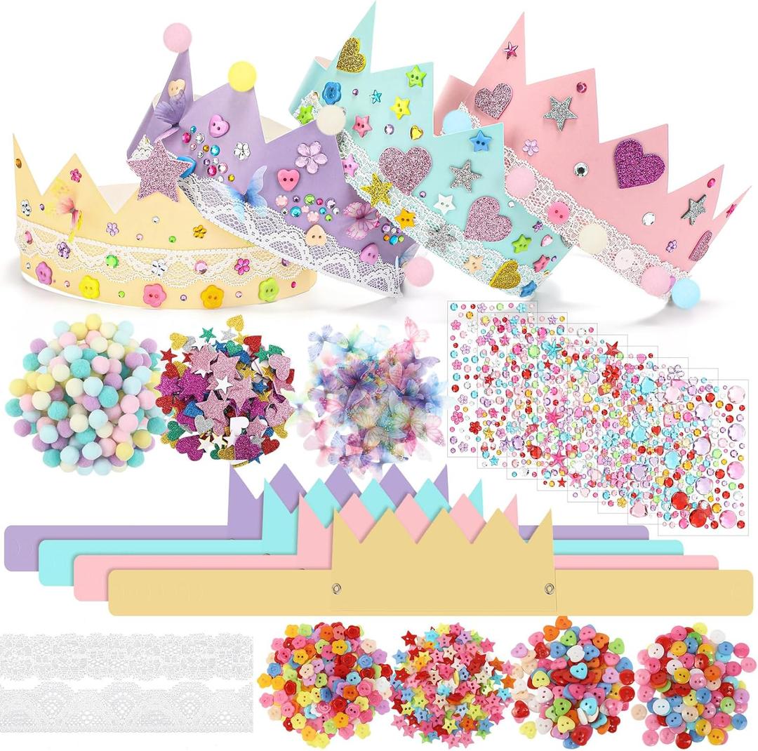 Affrolling 794 Pcs Paper Crowns DIY Princess Hats Birthday Party Crowns DIY Making Craft Kit to Decorate with Lace Gems Butterfly Button Stickers Poms for Women Ladies Nights Event Bridal Shower Party