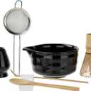 YOLIFE 7 Pcs Matcha Whisk Set, Includes Matcha Bowl with Spout, Bamboo Whisk (Chasen) with Ceramic Holder, Scoop and Powder Spoon, Sifter, Matcha Kit for Ceremony (Black)