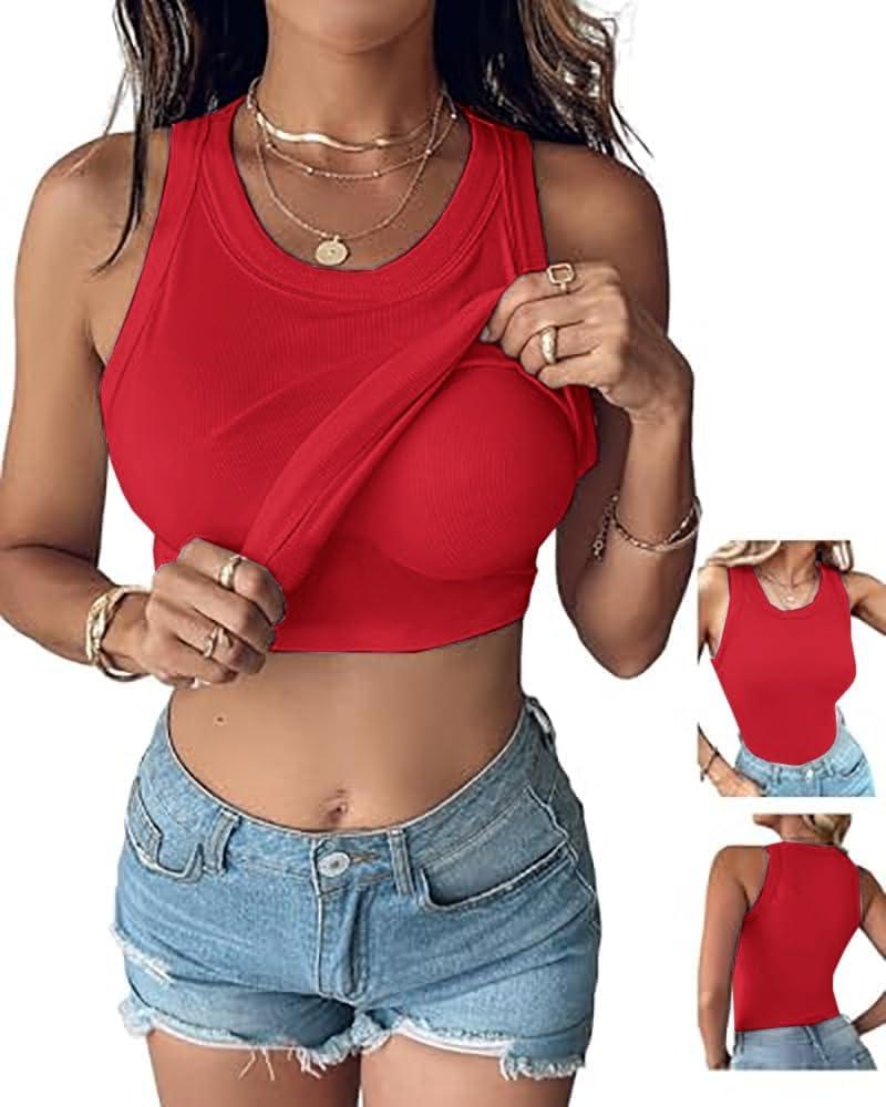 CHICME Women Built-in Bra Tank Tops Sleeveless Casual Shirts Racerback Ribbed Fitted Tank Tops (X-Large, Z-red)