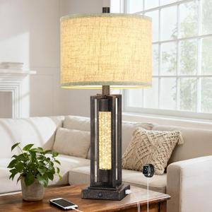 TOBUSA 26 Farmhouse Table Lamp for Living Room, Rustic Vintage Tall Nightstand Lamp for Bedroom with 2 USB Ports and Crystal Night Light, Retro Bedside Lamp for End Table Entryway Home Deco, Bronze (1 Pack-Bronze)