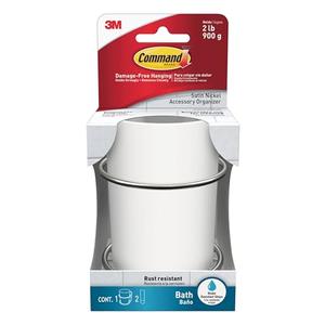 Command Accessory Organizer, Holds up to 2 lb, 3.36" x 3.78" x 4.4" Organizer with 2 Medium Water-Resistant Strips, Satin Nickel, Damage-Free Bathroom Organization