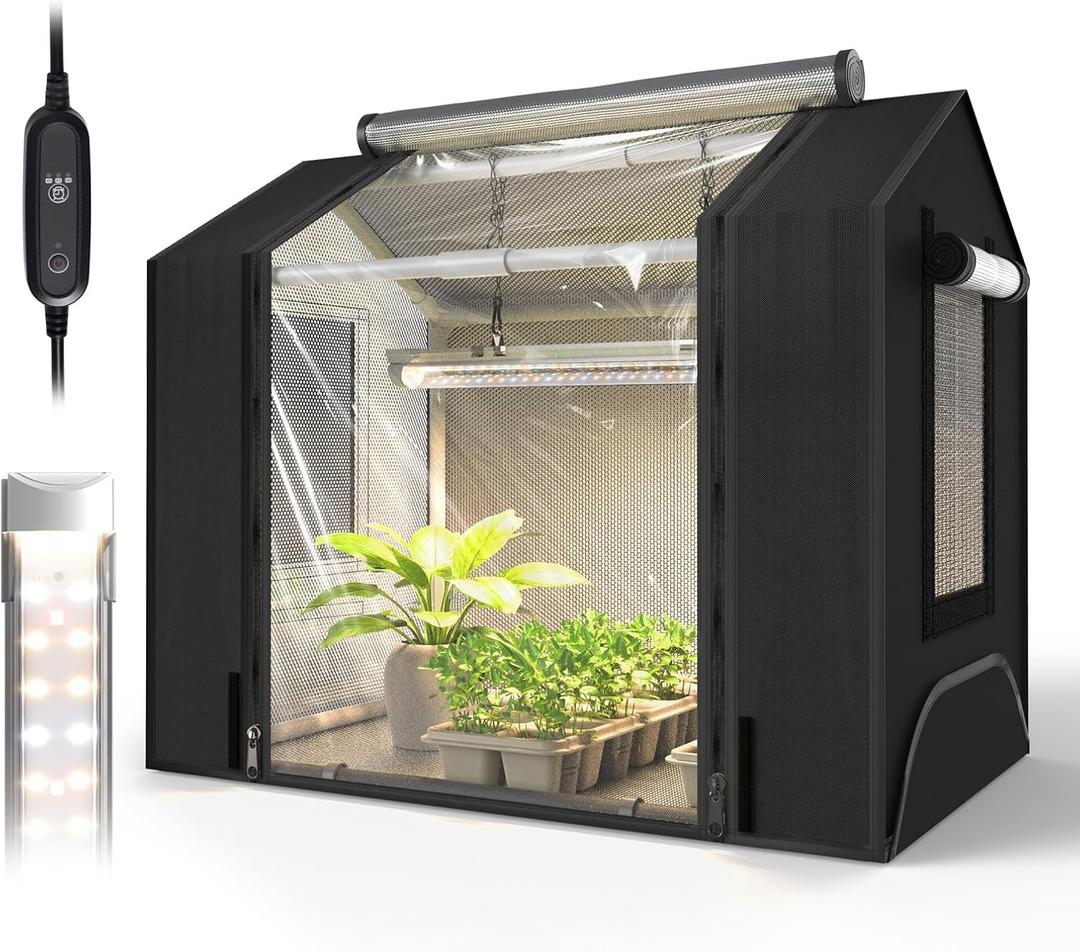 Bstrip Indoor Greenhouse with Grow Light, Mini Grow Tent with Oxford Fabric, Waterproof Base Mat&Ventilation Window for Seed Starting&Plant Growth, 18W Grow Light with Timer, 23.8"x15.7"x20.5"