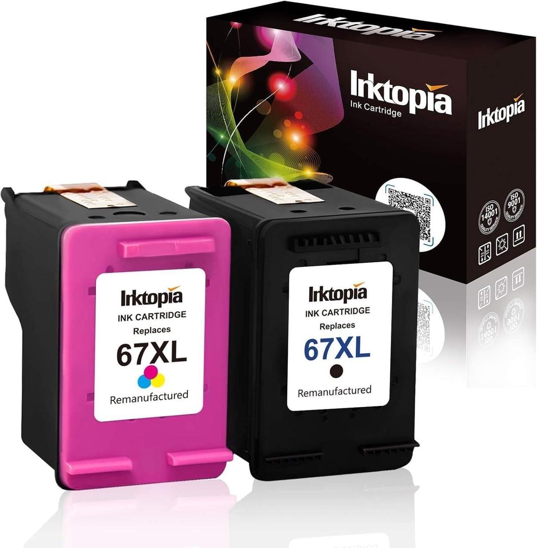 Inktopia 67XL Ink Cartridges Black Color Combo Pack Compatible for HP 67 Ink XL 2827e hp67xl hp67 for 2700 2700e 2752 2742e 2755 2755e 4100 2855 4227e 4155 6000 6055e 6400 6458 6455e Printer