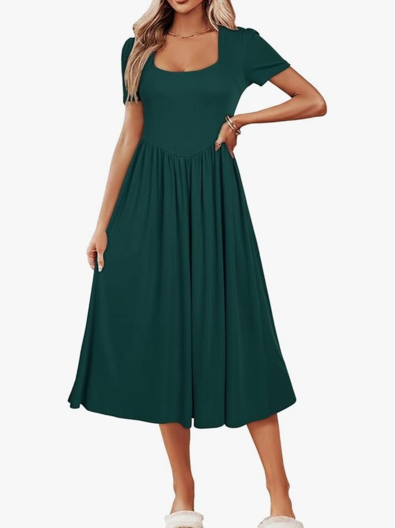 Newshows Women's Summer Square Neck Ribbed Knit Short/Long Sleeve A Line Flowy Midi Dress with Pockets, Size: S