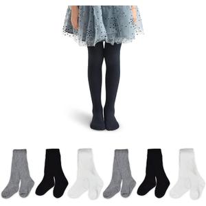 Pack pof 6 Girls' Tights Cable Knit pantyhose Soft Cotton Stocking Stylish Leggings for Girls Aged 5-10, Black/Grey/White