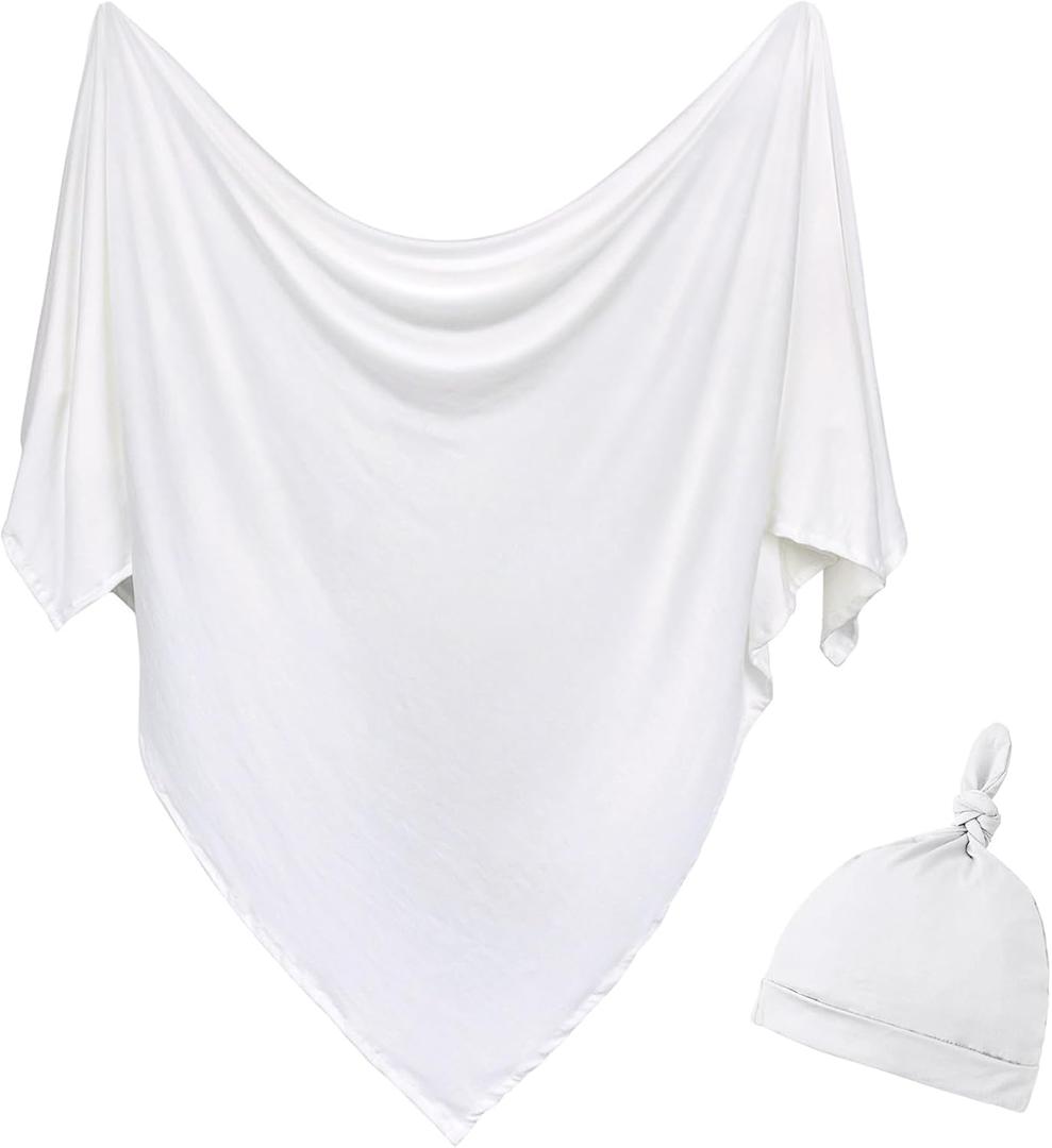 Newborn Swaddle Blanket with Hat Set Baby Swaddle Set Hospital Receiving Blankets for Girls Boys(Ivory,35"*35")