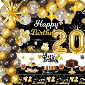 20th Birthday Decorations for Men, 20 Birthday Decorations Include Black and Gold Backdrop Banner, Tablecloth, Gold 20 Number Balloons, Explosion Star Balloons