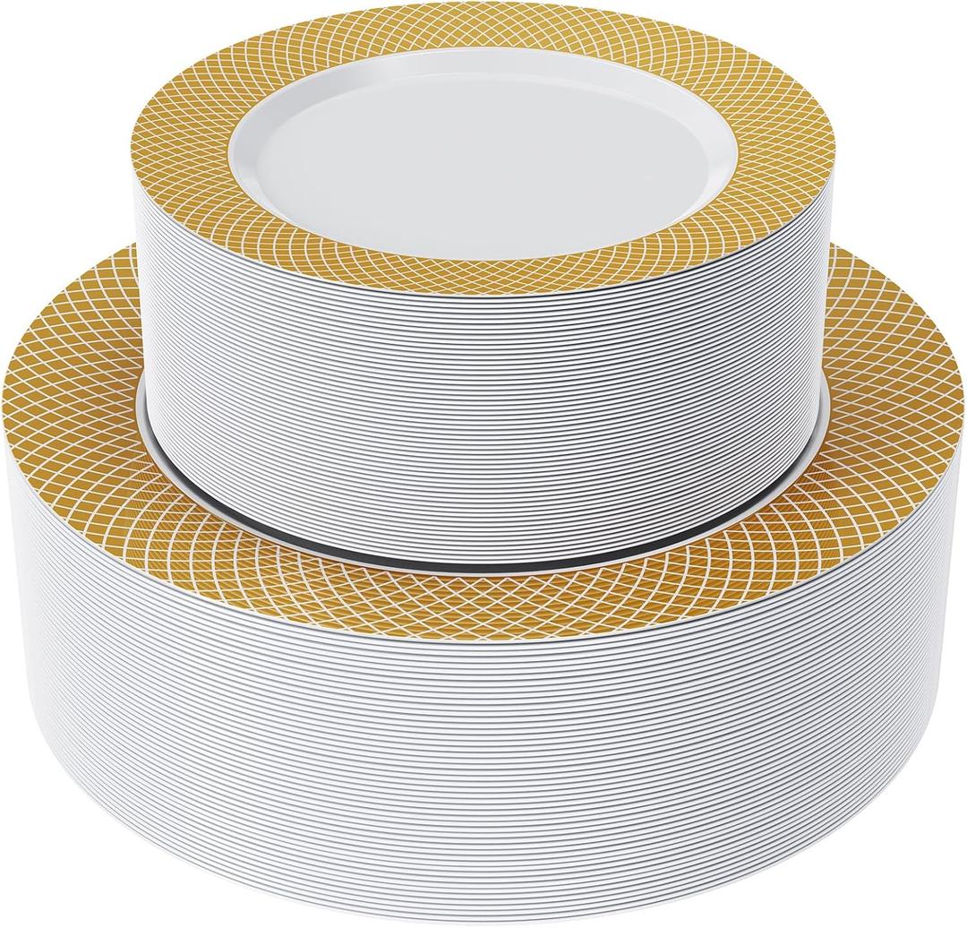 FOCUSLINE Gold Plastic Plates Set of 102, Disposable Plates with Gold Grid Rim 51 Dinner Plates 10" and 51 Salad Dessert Appetizer Plate 7", Elegant Fancy Heavy Duty Wedding Party Plate