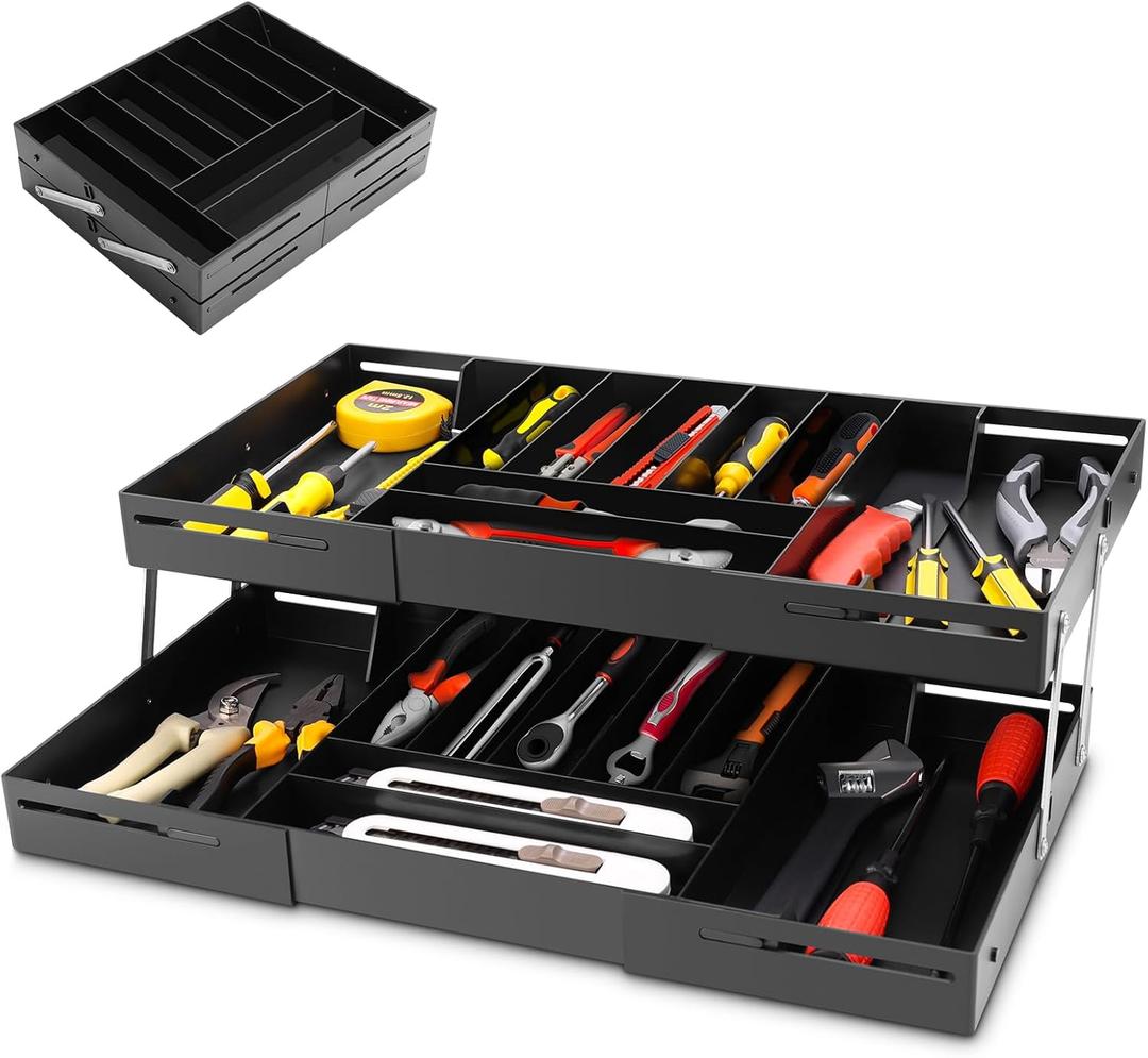 2 Tier Extra Large and High Drawer Organizer, Expandable Smart Drawer Organizer, Desk Organizer for Hardware Tools, Makeup, Jewelry (BLACK)