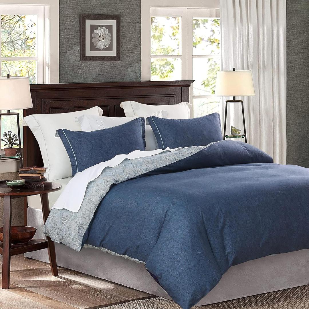 SLEEPBELLA Comforter King Size, 600 Thread Count Cotton Navy & Grey Leaves Reveisible Comforter Sets, Down Alternative Bedding Set 3Pcs(King, Navy&Blue Leaves)