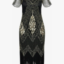 866 - Plus Size 1920s Vintage Fringed Gatsby Sequin Beaded Tassels Hem Flapper Party Prom Cocktail Concert Dress, L, Black Gold