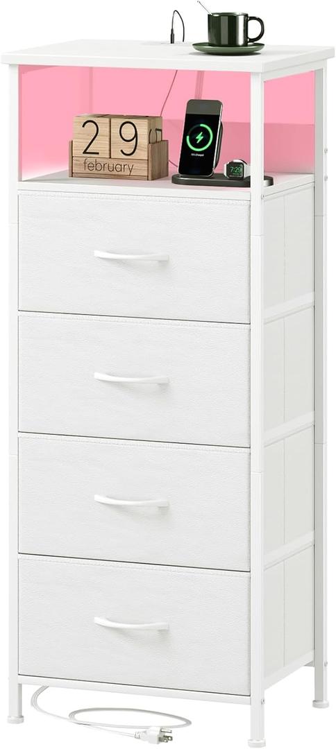 White Nightstand with Charging Station and LED Light for Bedroom, Tall 4 Drawers Dresser with Fabric Bins for Bedside Kids Dorm Room Closet Laundry Entryway, White Leather