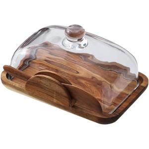 Wooden Butter Dish with Lid, Glass Cover Cheese Storage Container for Countertop Snacks Desserts Organizer Kitchen Decor, 7.08X5.11X3.74 Inch