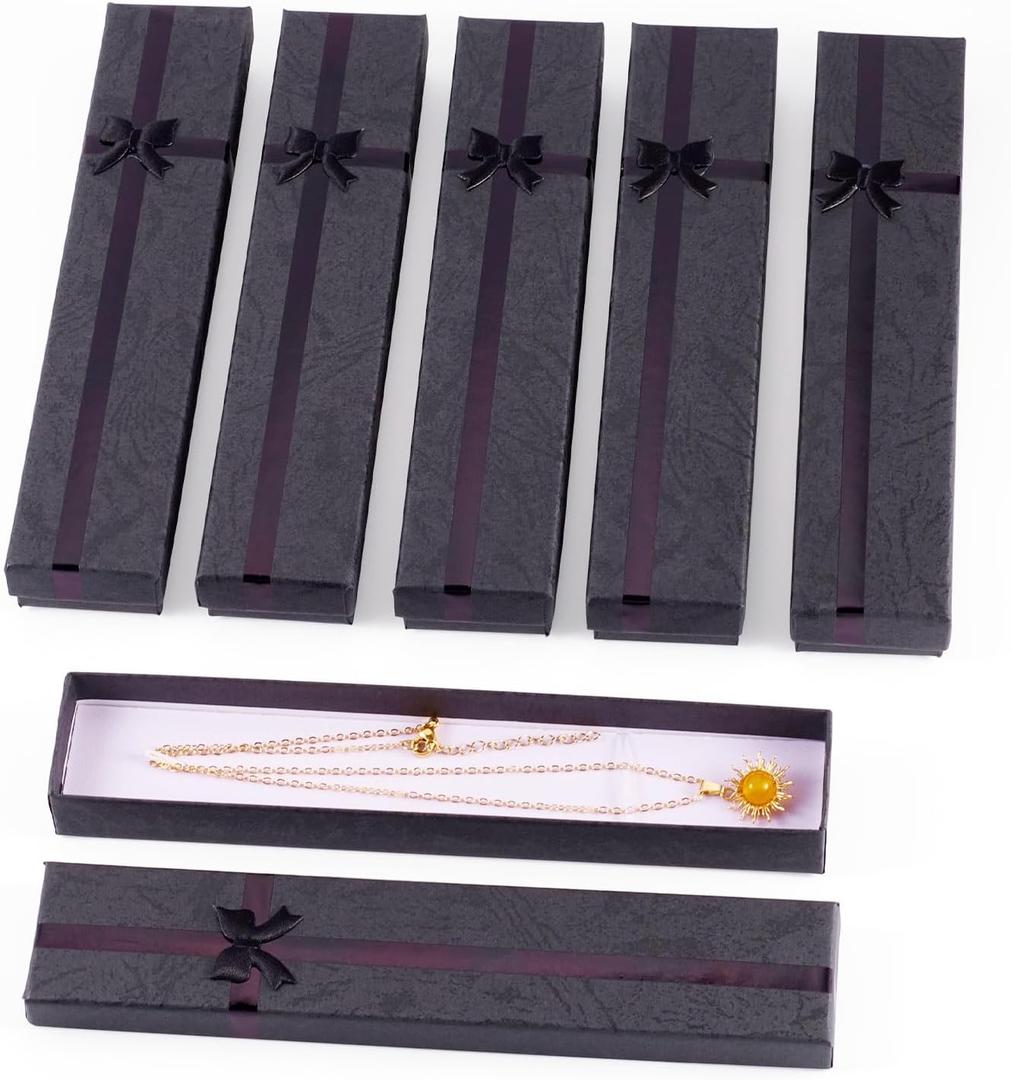 Craftdady 12Pcs Black Necklace Jewelry Gift Boxes Rectangle Cardboard Paper Jewelry Boxes with Bowknot Ribbon Long Empty Jewelry Display Boxes for Festival Birthday Wedding, 7.87 x 1.61 x 0.87 Inch