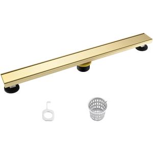 24-Inch Linear Shower Drain Brushed Gold, Rectangular Gold Shower Floor Drain with Tile Insert Cove & Hair Strainer