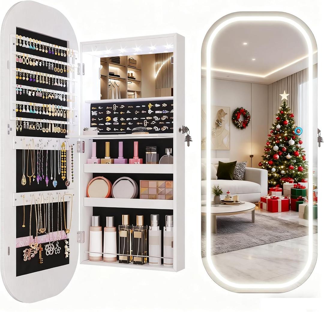 LVSOMT LED Mirror Jewelry Cabinet, Wall/Door Mount Jewelry Mirror Organizer, Rounded Full Length Mirror with Storage, Lockable Jewelry Armoire, 16" Wide, Foldable Shelf, Interior Mirror, White