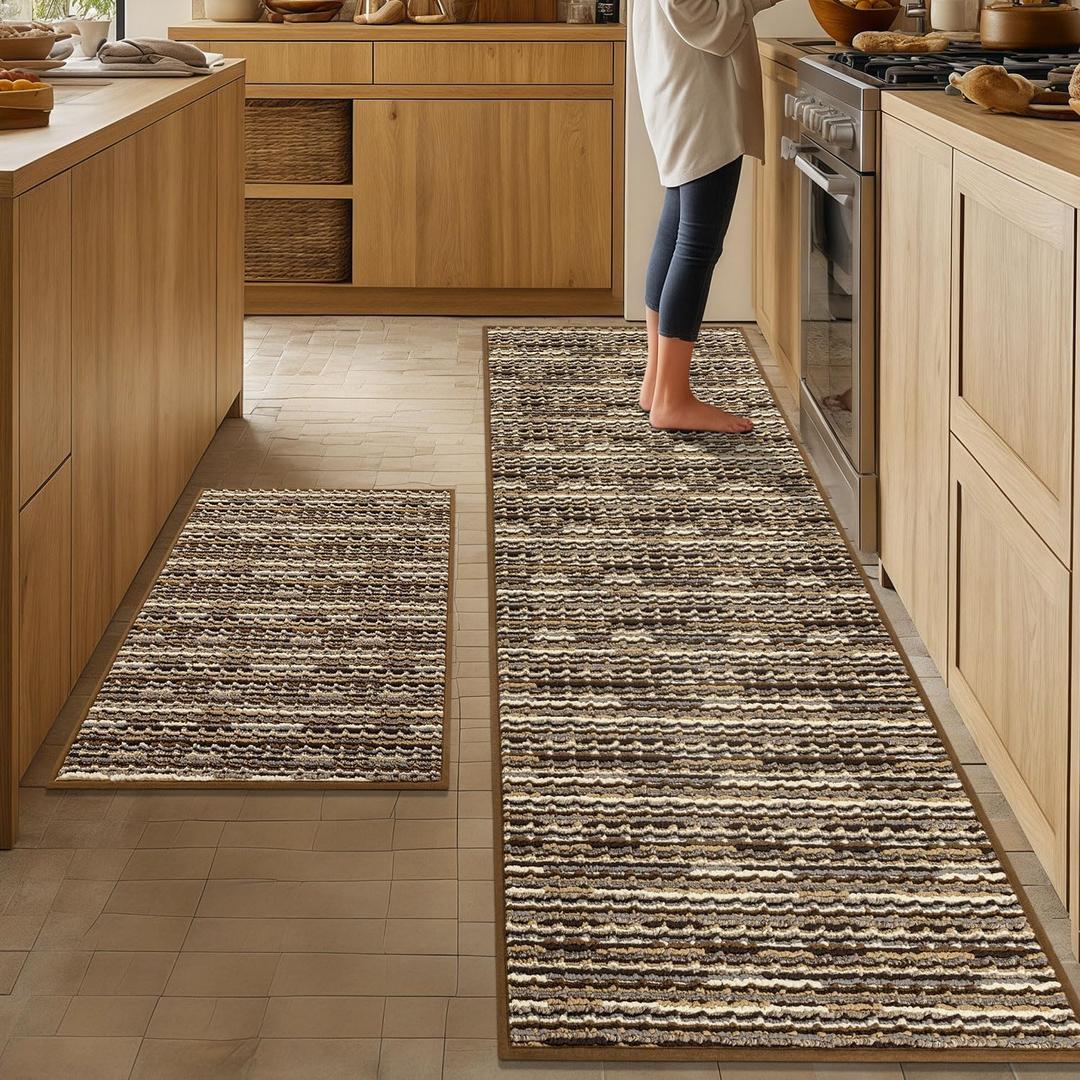 Kitchen Rugs Sets of 2-Non Slip Kitchen Mats for Floor-Thick Stain Resistant Vintage Kitchen Floor Mat Runner Carpet for Hallways Entryway Laundry Room WashableBrown 24"x70"+24"x35"