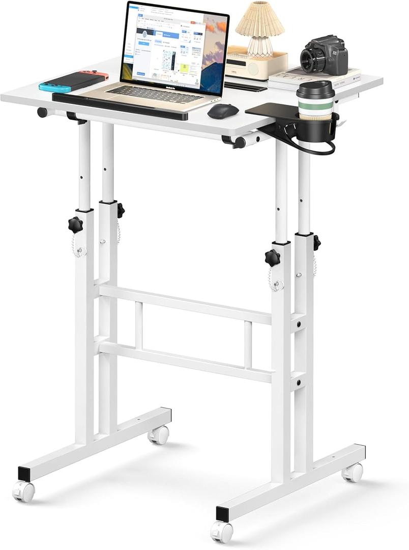 Small Standing Desk with Wheels, Mobile Stand Up Desk, Portable Standing Table on Wheels for Walking Pad, Rolling Computer Desk Adjustable Height, Tall Table (White)