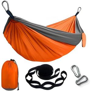 Portable Hammock and Travel Lightweight Backpacking Hammock Swing with Stainless Steel Clip and Tree Straps for Camping Hiking Backyard Lounging Outdoor Hammock (Orange+Gray)
