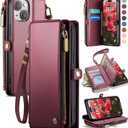 Defencase Compatible with iPhone 14 Case Wallet with RFID Blocking Card Holder for Women and Men, Fashion PU Leather Magnetic Snap Flip Zipper Strap Wallet Phone Case Fit for iPhone 14 6.1", Wine Red