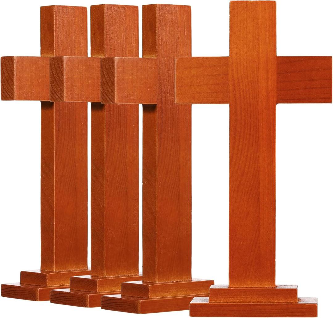 Bucherry 4 Pack 7.87 Inch Wood Crosses with Stand, Wooden Crosses Easter Cross Tabletop Decor Religious Christian Gift Baptism Centerpiece for Table Craft Wedding Church Sunday First Communion (Brown)