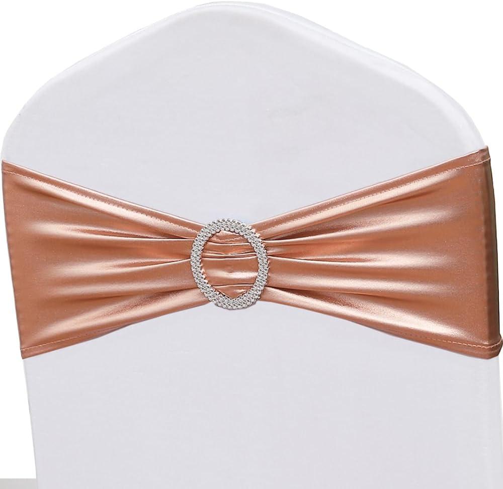 50 PCS Spandex Rose Gold Chair Sashes for Wedding Stretch Chair Bands with Buckles Universal Elastic Chairs Ties Bows for Party Folding Chairs Celebration Ceremony Christmas Events Decorations