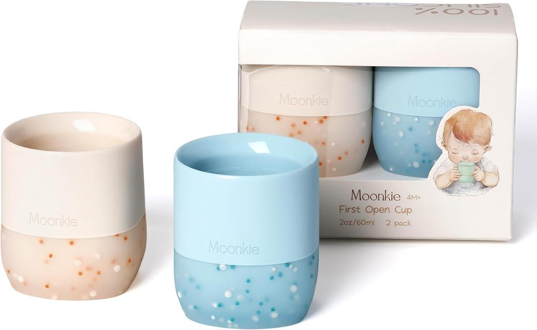Moonkie Silicone Baby Cups 4 Months+ | Tiny Open Training Cups for Infants with Confetti Sprinkles | Baby-Led Weaning Essential | 2 oz (Ether/Ivory, 2 Pack)