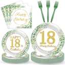 Qyeahkj 100 Pcs 18th Birthday Decorations Party Tableware Set Greenery Eucalyptus Paper Plates Sage Green Plates Forks and Napkins 18th Birthday Party Decors for 18 Years Girls Women Serve