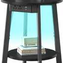 Round End Table with Charging Station, Black LED Small Side Table for Small Space, USB Power Oulets & LED Strip, 2-Tier Round Accent Table Couch Sofa Nighstands for Living Room, Bedroom, Black