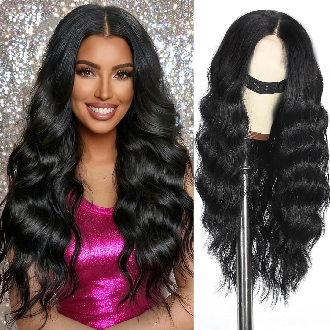 Lasescuch Long Black Middle Part Wavy Wig for Women Synthetic Lace Front Wig Heat Resistant Fiber Body Wave Glueless Wigs Natural Hairline Pre Plucked Daily Party Use Wigs 26 Inch (Black)