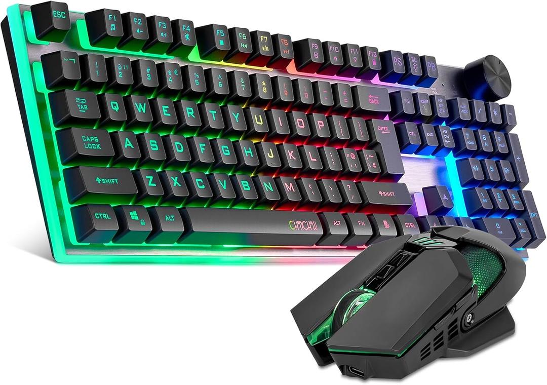 Wireless Gaming Keyboard with knob and Mouse Combo USB Dongle 2.4G Rechargeable 3000mAH Battery RGB Backlit Stainless Panel 4200DPI Side Button Mice for PC Laptop Compatible with Windows 8/9/10 MacOS